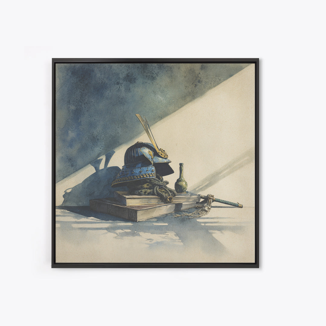 Samurai Helmet Still Life Framed Canvas Print, Asian Inspired Art, Japanese Wall Art, Living Room Decor, Fine Art, Harmony, ASI-1x1-7