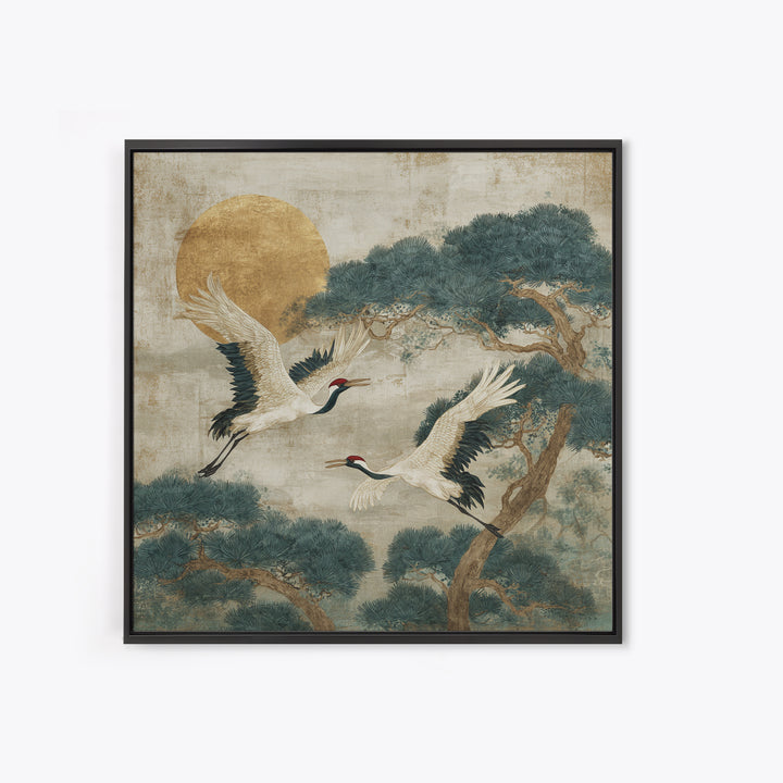 Red Crowned Cranes Flying Through Misty Pine Canvas Print, Asian Inspired Art, Art Print, Living Room Decor, Harmony, ASI-1x1-73