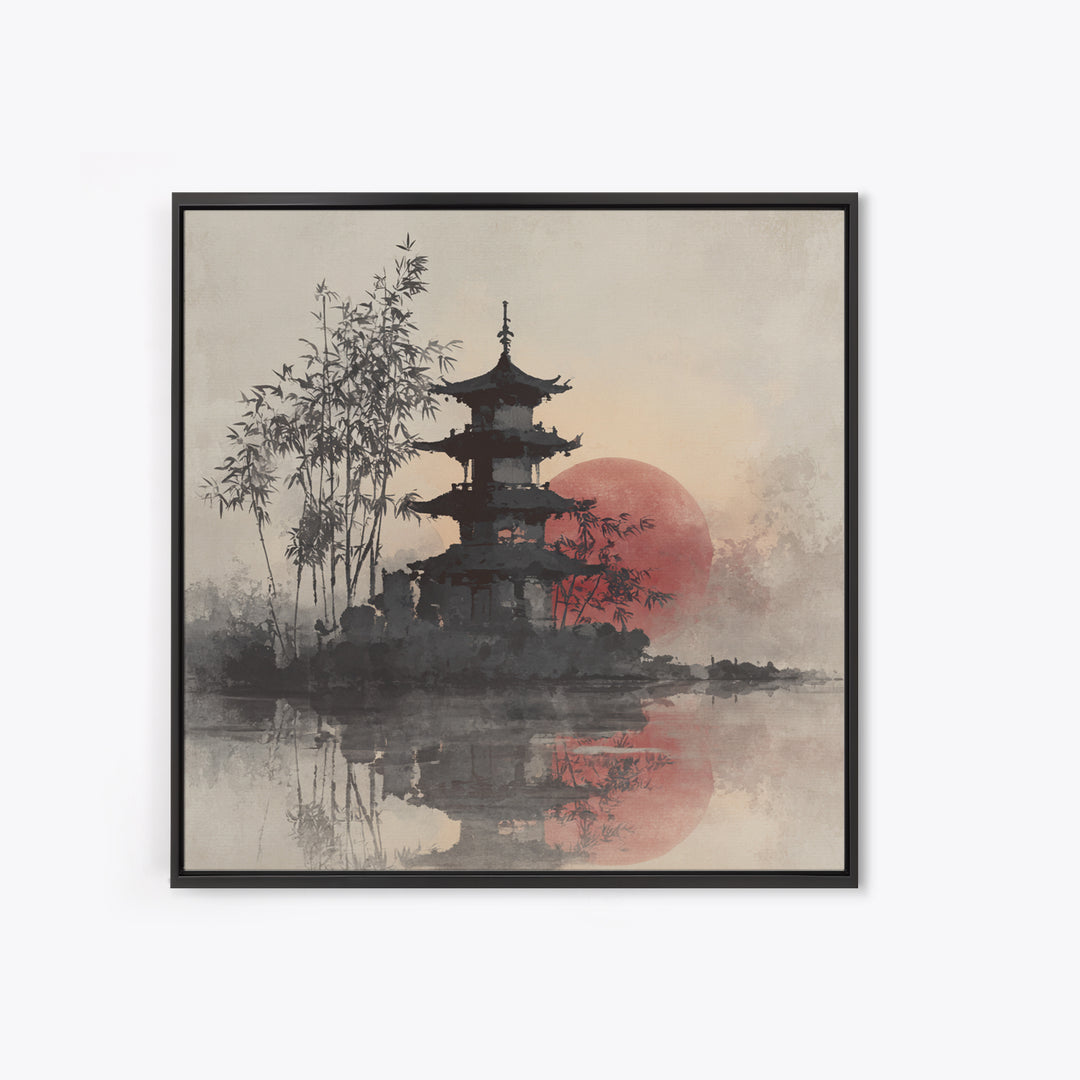 Pagoda Silhouette at Sunset Framed Canvas Print, Asian Inspired Art, Statement Artwork, Living Room Decor, Fine Art, Harmony, ASI-1x1-83