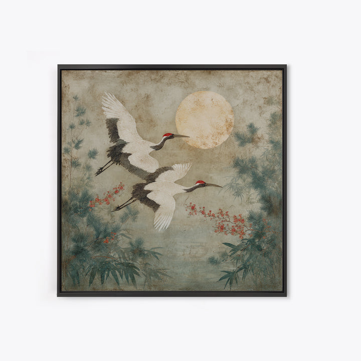Red Crowned Cranes Flying Through Misty Pine Canvas Print, Asian Inspired Art, Wall Art, Living Room Decor, Oil Painting, ASI-1x1-97