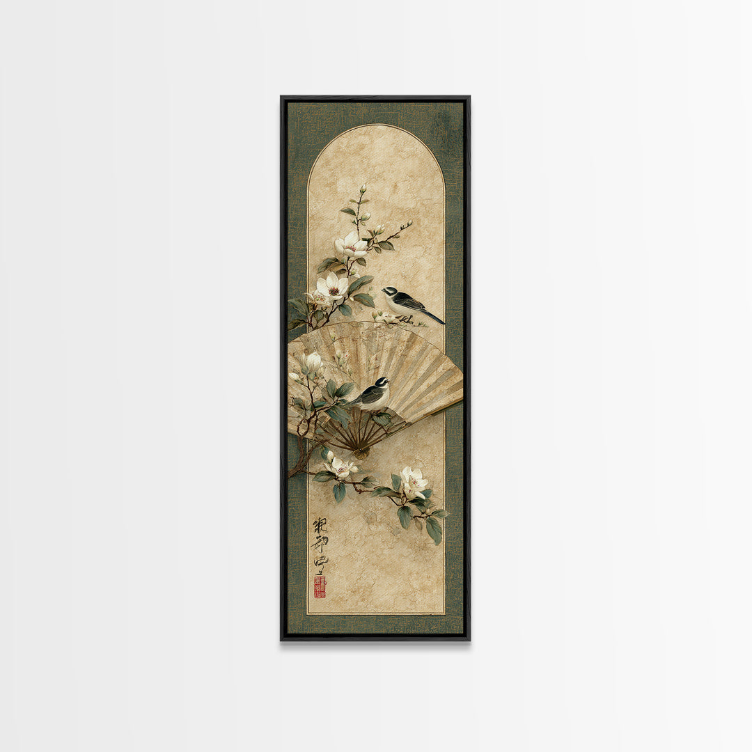 Fan Shaped Composition of Blossoms and Birds Canvas Print, Asian Inspired Art, Modern Decor, Living Room Decor, Harmony, ASI-1x3-29