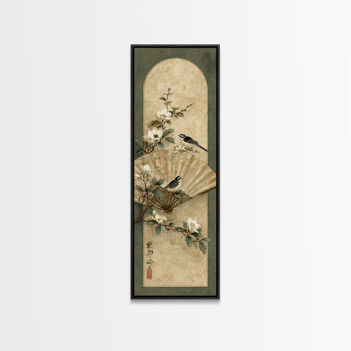 Fan Shaped Composition of Blossoms and Birds Canvas Print, Asian Inspired Art, Modern Decor, Living Room Decor, Harmony, ASI-1x3-29