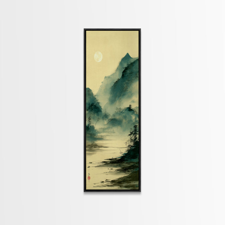 Japanese Ink Landscape Framed Canvas Print, Asian Inspired Art, Unique Wall Art, Living Room Decor, Fine Art, Harmony, ASI-1x3-64