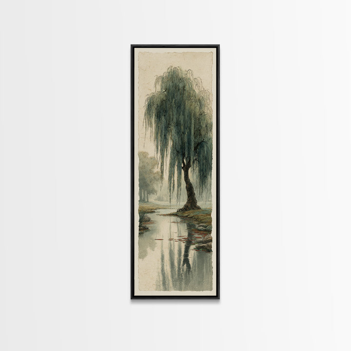Willow Tree over a Reflective Pond Canvas Print, Asian Inspired Art, Asian Wall Art, Living Room Decor, Fine Art, Harmony, ASI-1x3-78