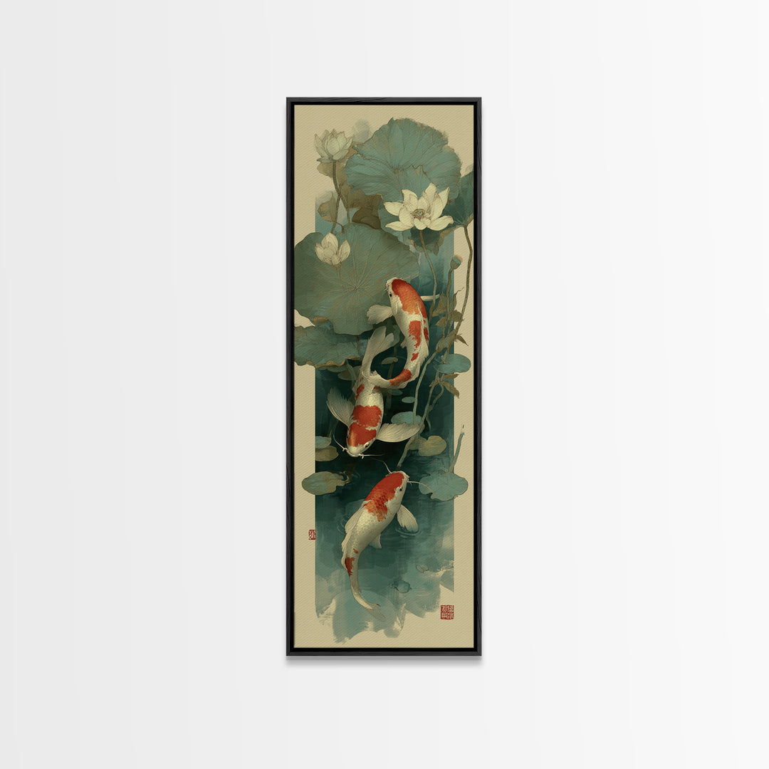 Koi Fish Circling Beneath Floating Lotus Blossoms Canvas Print, Asian Inspired Art, Luxury Decor, Living Room Decor, Harmony, ASI-1x3-86