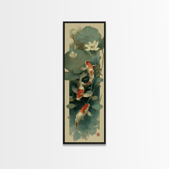 Koi Fish Circling Beneath Floating Lotus Blossoms Canvas Print, Asian Inspired Art, Luxury Decor, Living Room Decor, Harmony, ASI-1x3-86
