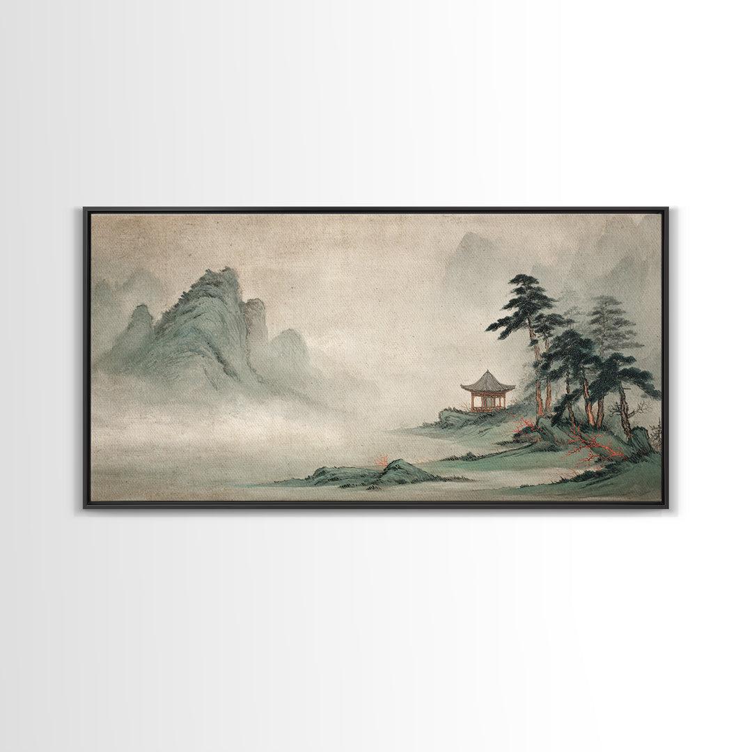 Chinese Mountain Scroll Landscape Framed Canvas Print, Asian Inspired Art, Floral Art, Living Room Decor, Oil Painting, Harmony, ASI-2x1-100