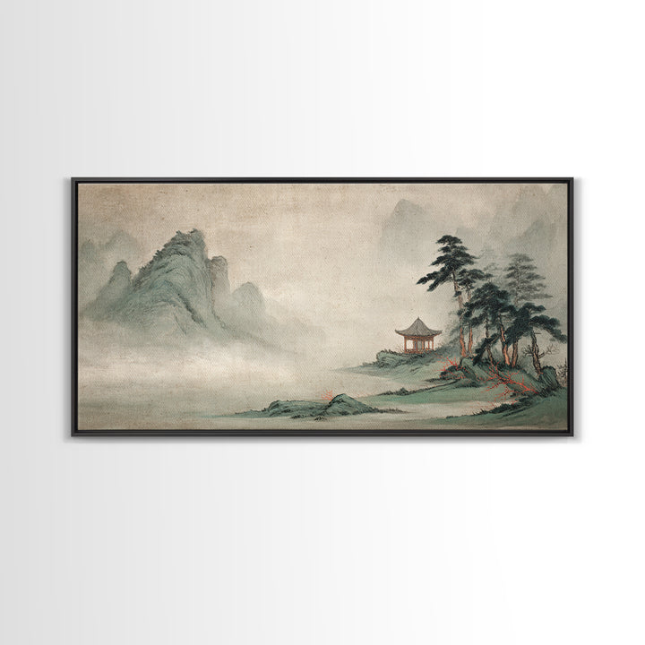 Chinese Mountain Scroll Landscape Framed Canvas Print, Asian Inspired Art, Floral Art, Living Room Decor, Oil Painting, Harmony, ASI-2x1-100