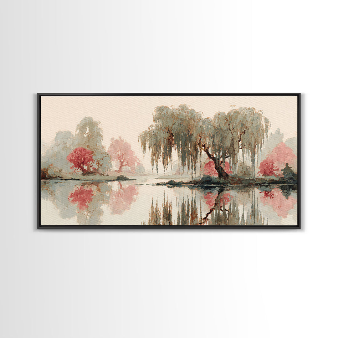 Willow Tree over a Reflective Pond Framed Canvas Print, Asian Inspired Art, Fine Art Print, Living Room Decor, Watercolor Art, ASI-2x1-14