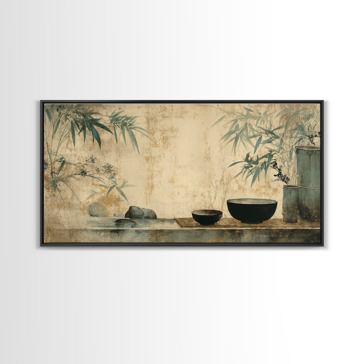 Tea Bowl and Steam Still Life on Framed Canvas Print, Asian Inspired Art, Living Room Decor, Oil Painting, Harmony, ASI-2x1-35