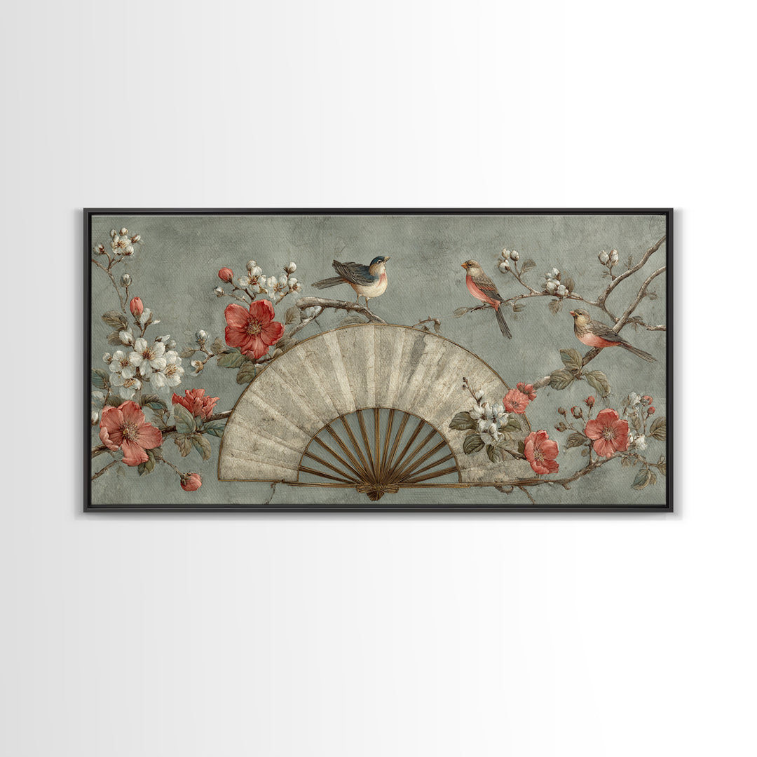 Fan Shaped Composition of Blossoms and Birds Canvas Print, Asian Inspired Art, Minimalist Decor, Living Room Decor, Harmony, ASI-2x1-37