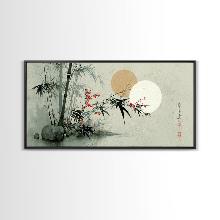 Golden Moon Behind Bamboo Silhouettes Canvas Print, Asian Inspired Art, Art Nouveau, Living Room Decor, Fine Art, Harmony, ASI-2x1-49