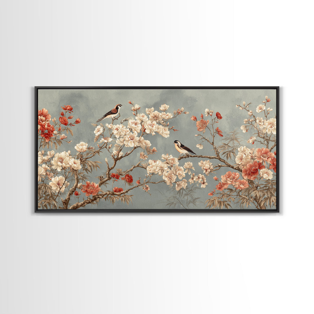 Fan Shaped Composition of Blossoms and Birds Canvas Print, Asian Inspired Art, Digital Art, Living Room Decor, Abstract Art, ASI-2x1-61