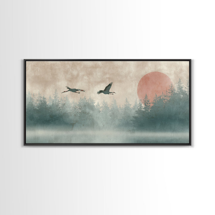 Crane and Moon Composition Canvas Print, Asian Inspired Art, Printable Art, Living Room Decor, Watercolor Art, Harmony, ASI-2x1-68