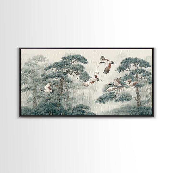 Red Crowned Cranes Flying Through Misty Pine Canvas Print, Asian Inspired Art, Japanese Art, Living Room Decor, Harmony, ASI-2x1-69