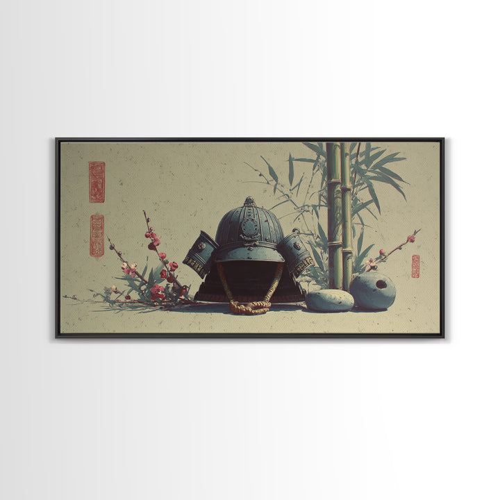 Samurai Helmet Still Life Framed Canvas Print, Asian Inspired Art, Boho Decor, Living Room Decor, Harmony, Digital Art, ASI-2x1-75