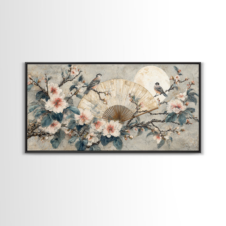 Fan Shaped Composition of Blossoms and Birds Canvas Print, Asian Inspired Art, Unique Wall Art, Living Room Decor, Harmony, ASI-2x1-85