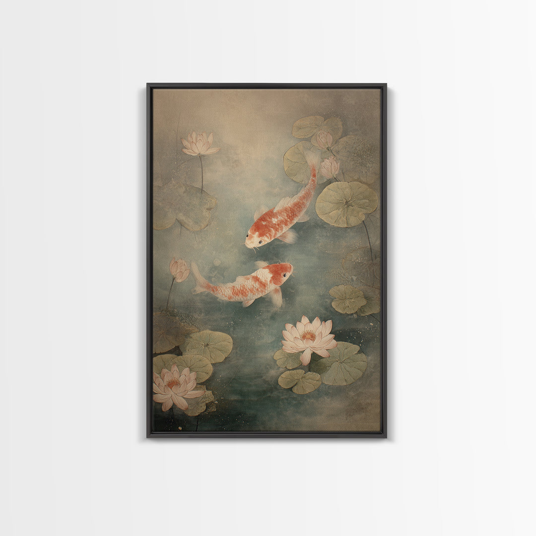 Koi Fish Circling Beneath Floating Lotus Blossoms Canvas Print, Asian Inspired Art, Luxury Decor, Living Room Decor, Harmony, ASI-2x3-10
