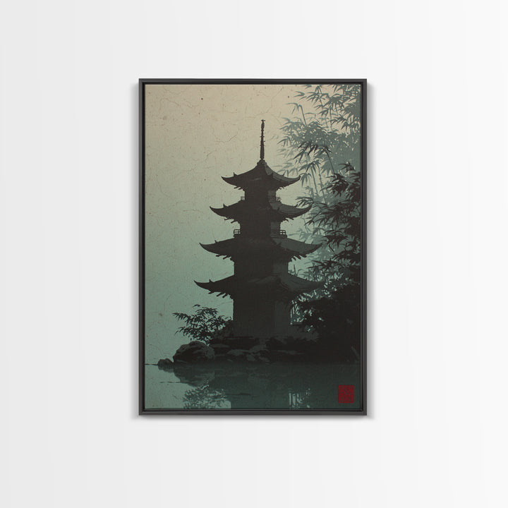 Pagoda Silhouette at Sunset Framed Canvas Print, Asian Inspired Art, Neutral Decor, Living Room Decor, Fine Art, Harmony, ASI-2x3-19