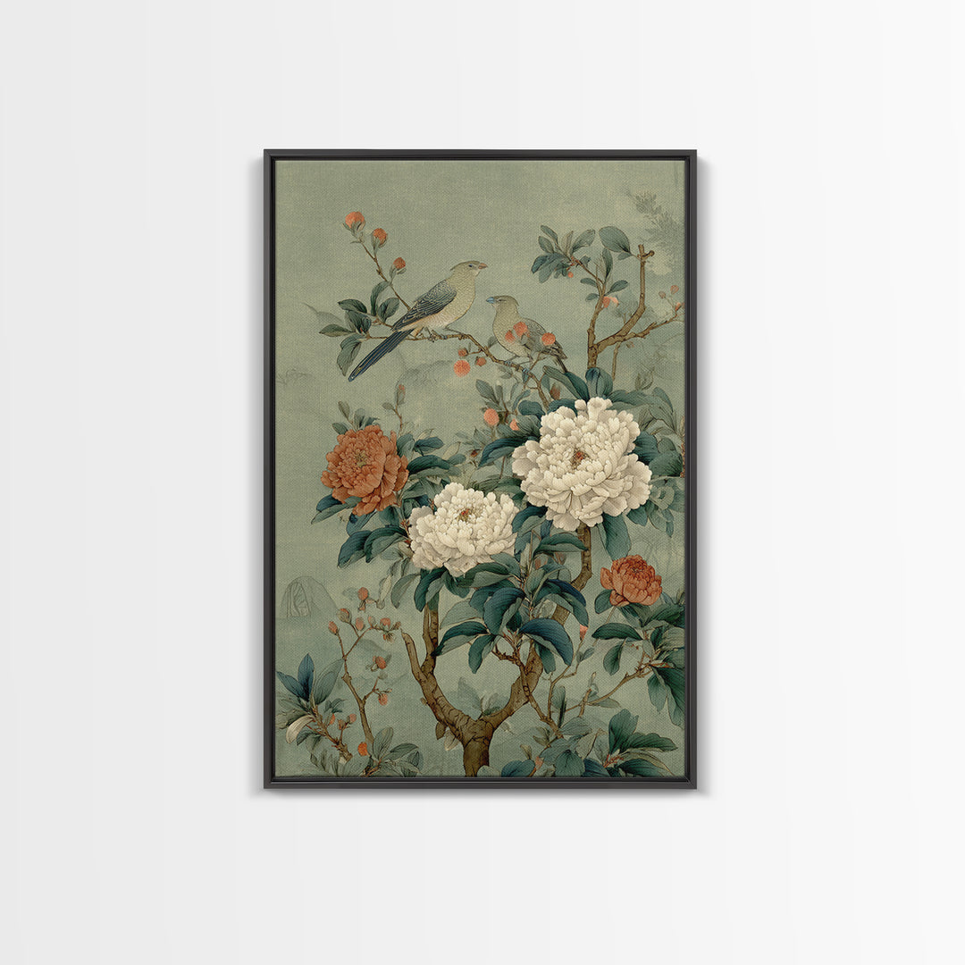 Fan Shaped Composition of Blossoms and Birds Framed Canvas Print, Asian Inspired Art, Wall Art, Living Room Decor, Harmony, ASI-2x3-25
