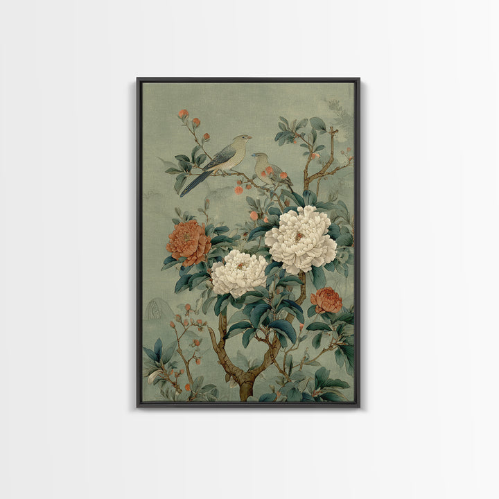 Fan Shaped Composition of Blossoms and Birds Framed Canvas Print, Asian Inspired Art, Wall Art, Living Room Decor, Harmony, ASI-2x3-25