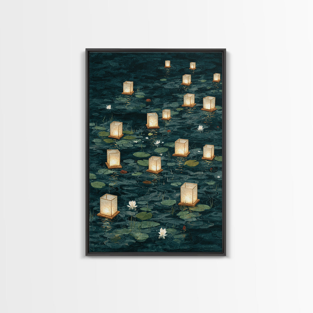 Floating Lanterns over Dark Water with Gentle Canvas Print, Asian Inspired Art, Room Decor, Living Room Decor, Harmony, ASI-2x3-51