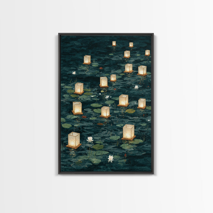 Floating Lanterns over Dark Water with Gentle Canvas Print, Asian Inspired Art, Room Decor, Living Room Decor, Harmony, ASI-2x3-51