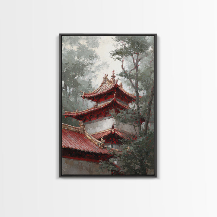 Temple Roof Detail Framed Canvas Print, Asian Inspired Art, Textured Painting, Living Room Decor, Harmony, Unique Wall Art, ASI-2x3-55