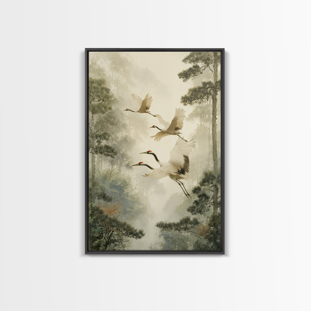 Red Crowned Cranes Flying Through Misty Pine Canvas Print, Asian Inspired Art, Poster, Living Room Decor, Fine Art, Harmony, ASI-2x3-9