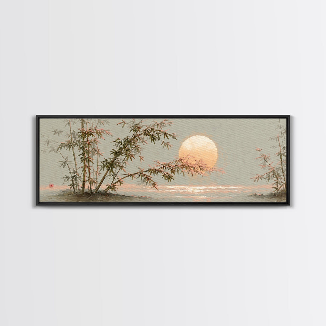 Golden Moon Behind Bamboo Silhouettes Canvas Print, Asian Inspired Art, Dark Academia Art, Living Room Decor, Fine Art, Harmony, ASI-3x1-21