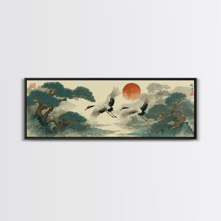 Red Crowned Cranes Flying Through Misty Pine Canvas Print, Asian Inspired Art, Aesthetic Wall Art, Living Room Decor, Harmony, ASI-3x1-41