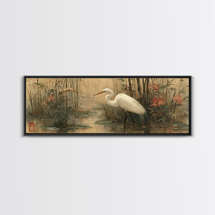 White Heron Standing Canvas Print, Asian Inspired Art, Indian Art, Living Room Decor, Abstract Art, Harmony, Neutral Decor, ASI-3x1-49