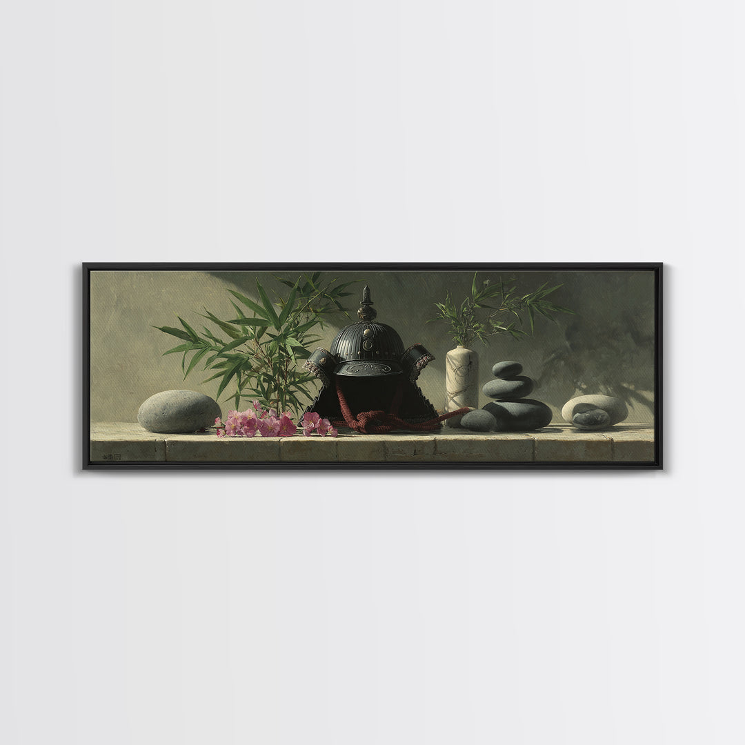 Samurai Helmet Still Life Canvas Print, Asian Inspired Art, Living Room Decor, Fine Art, Harmony, Floral Art, Botanical Print, ASI-3x1-71