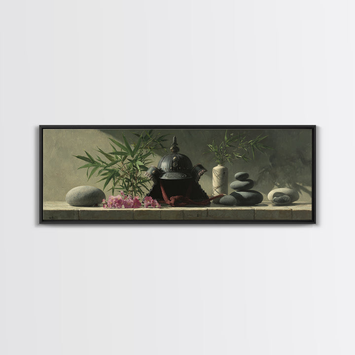 Samurai Helmet Still Life Canvas Print, Asian Inspired Art, Living Room Decor, Fine Art, Harmony, Floral Art, Botanical Print, ASI-3x1-71