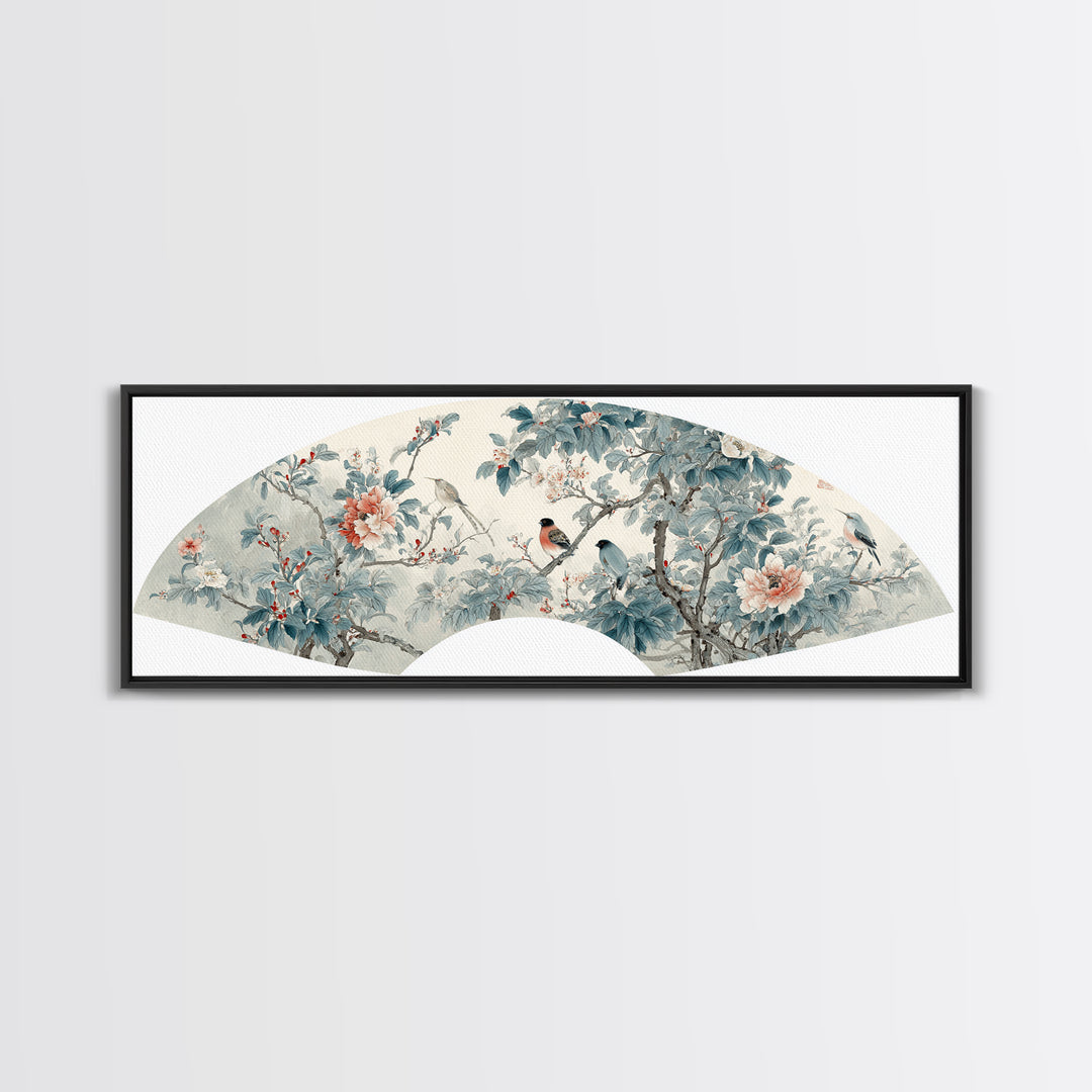 Fan Shaped Composition of Blossoms and Birds Canvas Print, Asian Inspired Art, Floral Art, Living Room Decor, Harmony, ASI-3x1-81