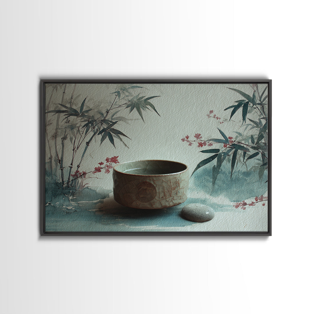 Tea Bowl and Steam Still Life on Framed Canvas Print, Asian Inspired Art, Aesthetic Wall Art, Living Room Decor, Harmony, ASI-3x2-19