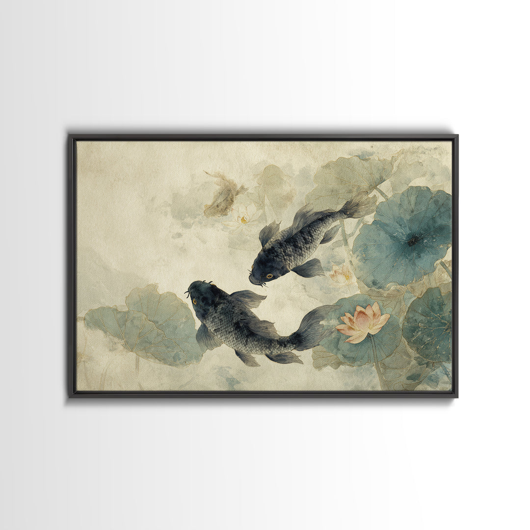 Koi Fish Circling Beneath Floating Lotus Blossoms Canvas Print, Asian Inspired Art, Digital Download Art, Living Room Decor, ASI-3x2-30