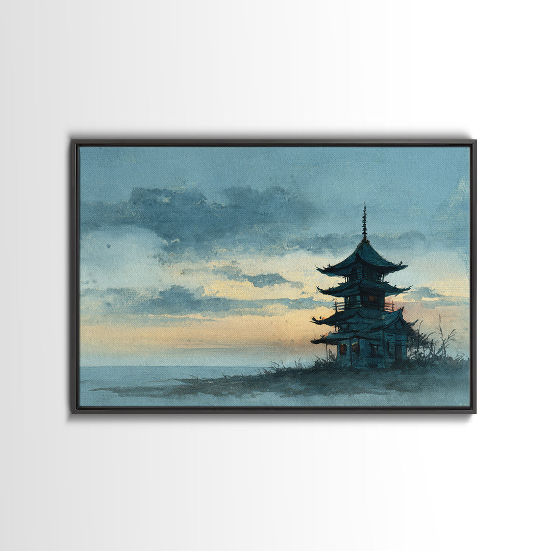 Pagoda Silhouette at Sunset Framed Canvas Print, Asian Inspired Art, Neutral Decor, Living Room Decor, Fine Art, Harmony, ASI-3x2-39