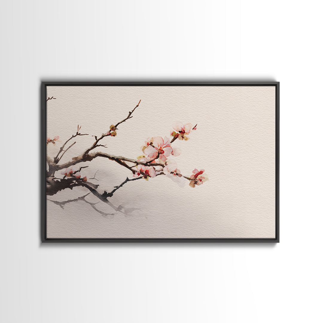 Plum Blossom Branch Painted Framed Canvas Print, Asian Inspired Art, Indian Art, Living Room Decor, Watercolor Art, Harmony, ASI-3x2-40