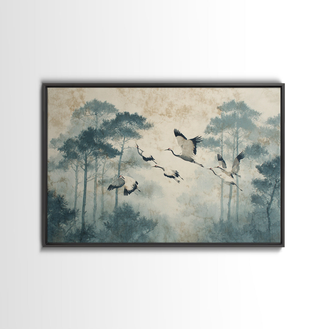 Red Crowned Cranes Flying Through Misty Pine Framed Canvas Print, Asian Inspired Art, Indian Art, Living Room Decor, Harmony, ASI-3x2-5