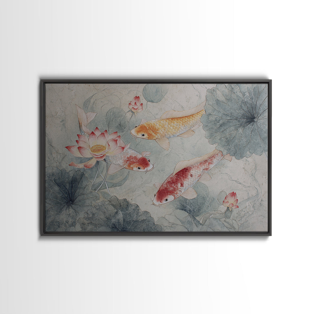Koi Fish Circling Beneath Floating Lotus Blossoms Canvas Print, Asian Inspired Art, Digital Download Art, Living Room Decor, ASI-3x2-54