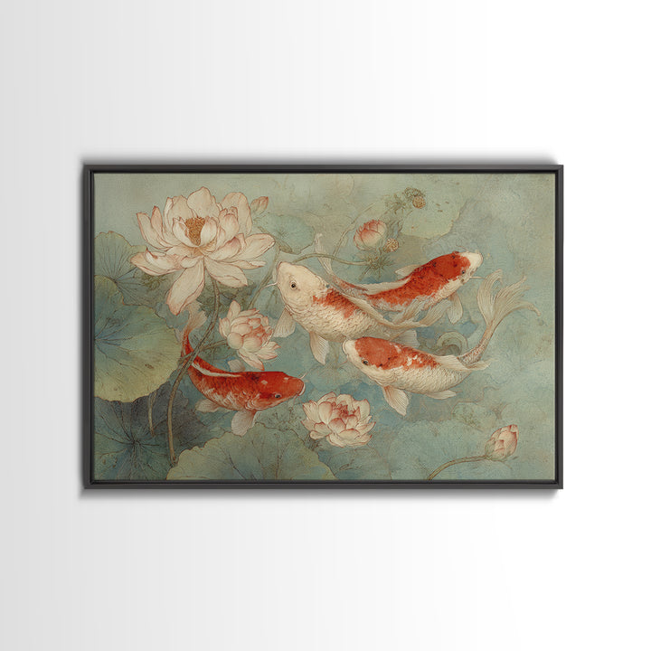 Koi Fish Circling Beneath Floating Lotus Blossoms Canvas Print, Asian Inspired Art, Botanical Print, Living Room Decor, Harmony, ASI-3x2-78