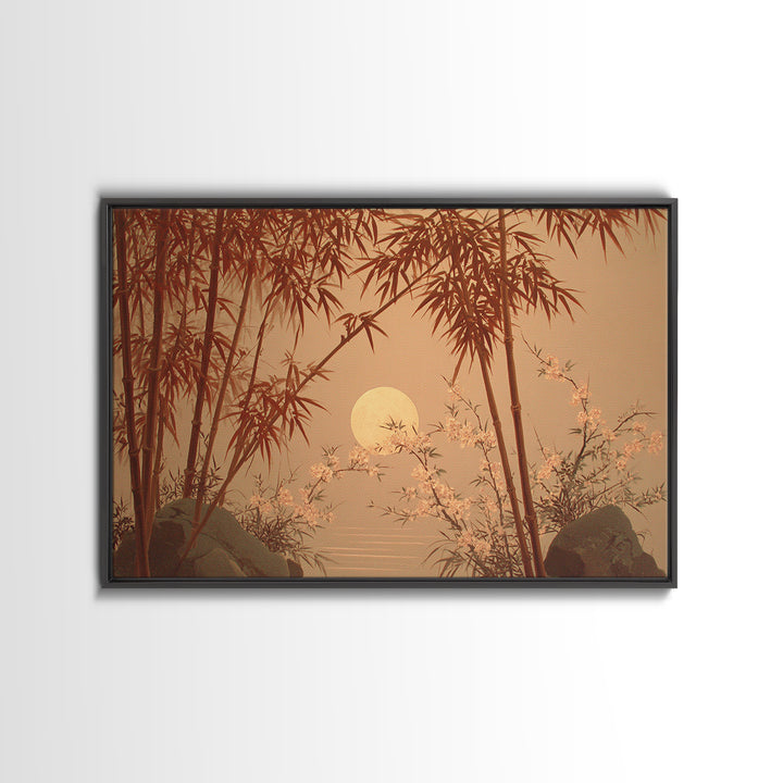 Golden Moon Behind Bamboo Silhouettes Framed Canvas Print, Asian Inspired Art, Zen Wall Art, Living Room Decor, Harmony, ASI-3x2-81