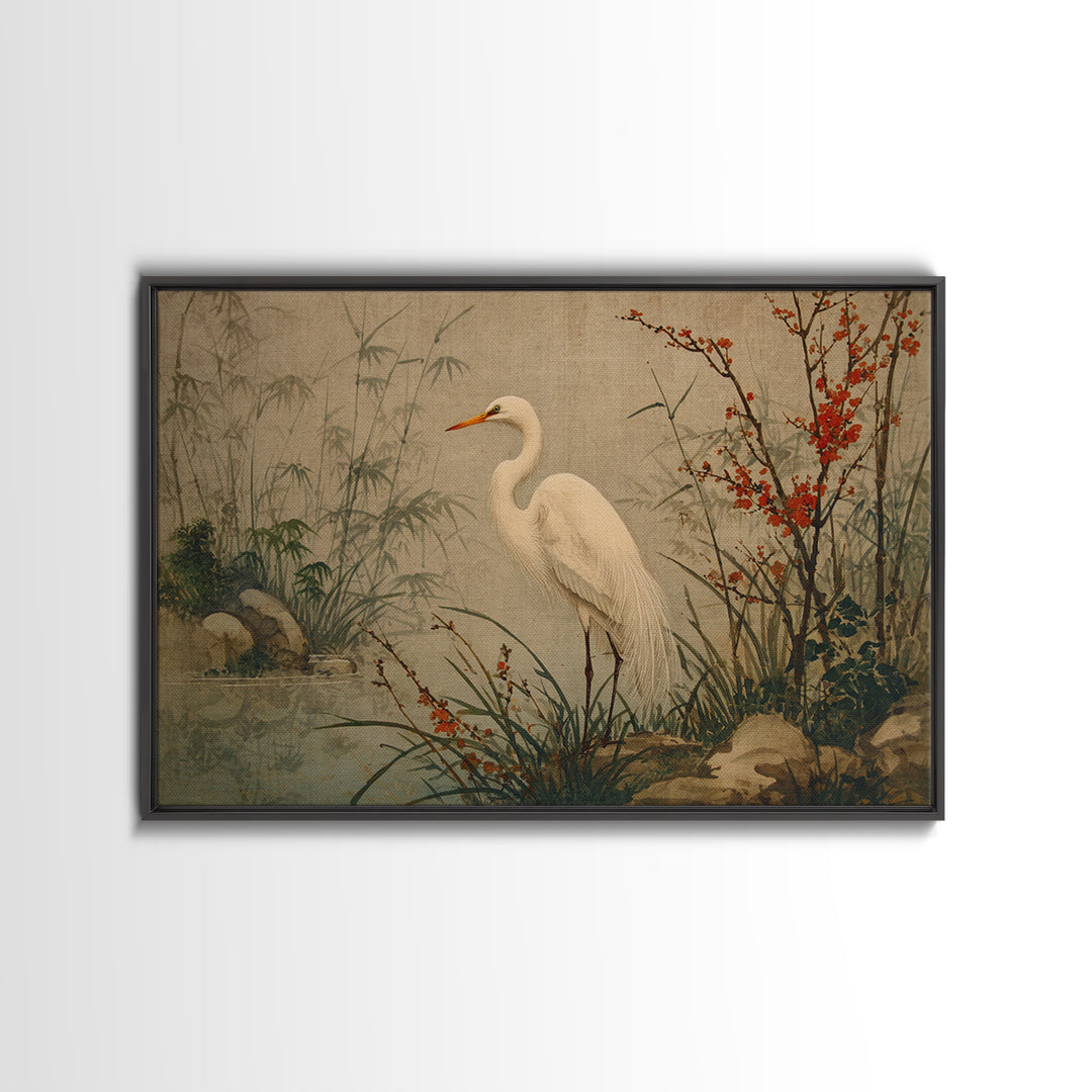 White Heron Standing Framed Canvas Print, Asian Inspired Art, Modern Wall Decor, Living Room Decor, Fine Art, Harmony, ASI-3x2-85