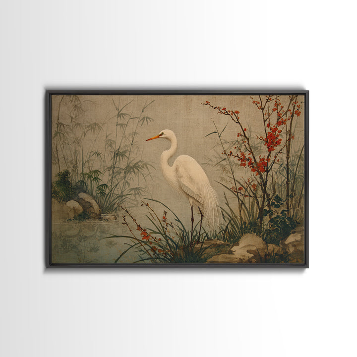 White Heron Standing Framed Canvas Print, Asian Inspired Art, Modern Wall Decor, Living Room Decor, Fine Art, Harmony, ASI-3x2-85