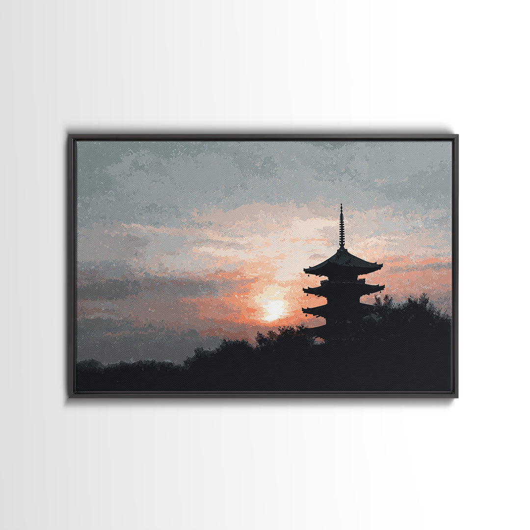 Pagoda Silhouette at Sunset Framed Canvas Print, Asian Inspired Art, Fine Art Print, Living Room Decor, Fine Art, Harmony, ASI-3x2-87