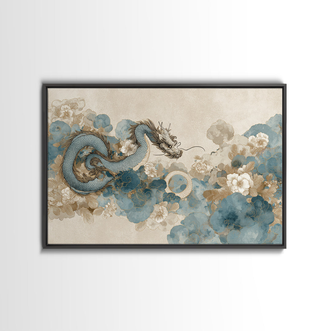 Dragon Curling Through Clouds Canvas Print, Asian Inspired Art, Spiritual Wall Art, Living Room Decor, Oil Painting, Harmony, ASI-3x2-89