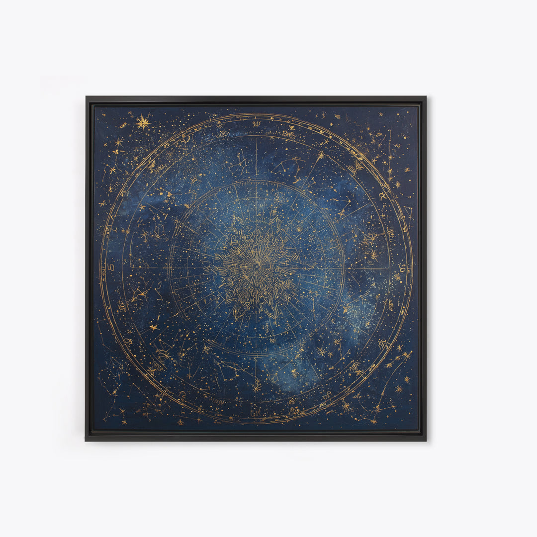 Gold Zodiac Wheel on Deep Midnight Blue Framed Canvas Print, Astrology Art, Neutral Decor, Living Room Decor, Fine Art, Zodiac, AST-1x1-1