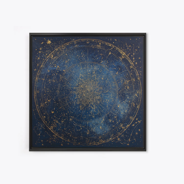 Gold Zodiac Wheel on Deep Midnight Blue Framed Canvas Print, Astrology Art, Neutral Decor, Living Room Decor, Fine Art, Zodiac, AST-1x1-1
