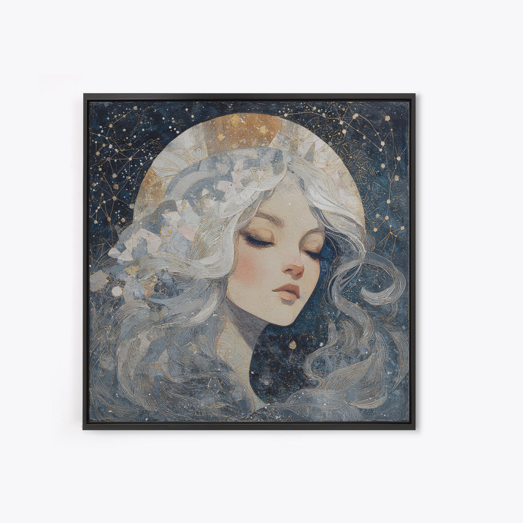 Moon Goddess with Flowing Hair and Constellations Canvas Print, Astrology Art, Celestial Wall Art, Living Room Decor, Zodiac, AST-1x1-27